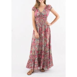 Cienna Silk Blend Smocked Bodice Floral Cap Sleeve Maxi Dress Pink Small